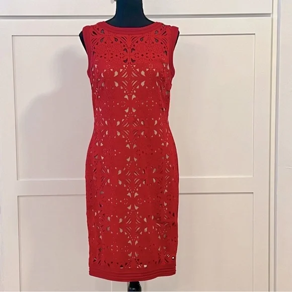 Tadashi Shoji Red Laser Cut Suede Sheath Knee Length Dress Size medium - Picture 5 of 16